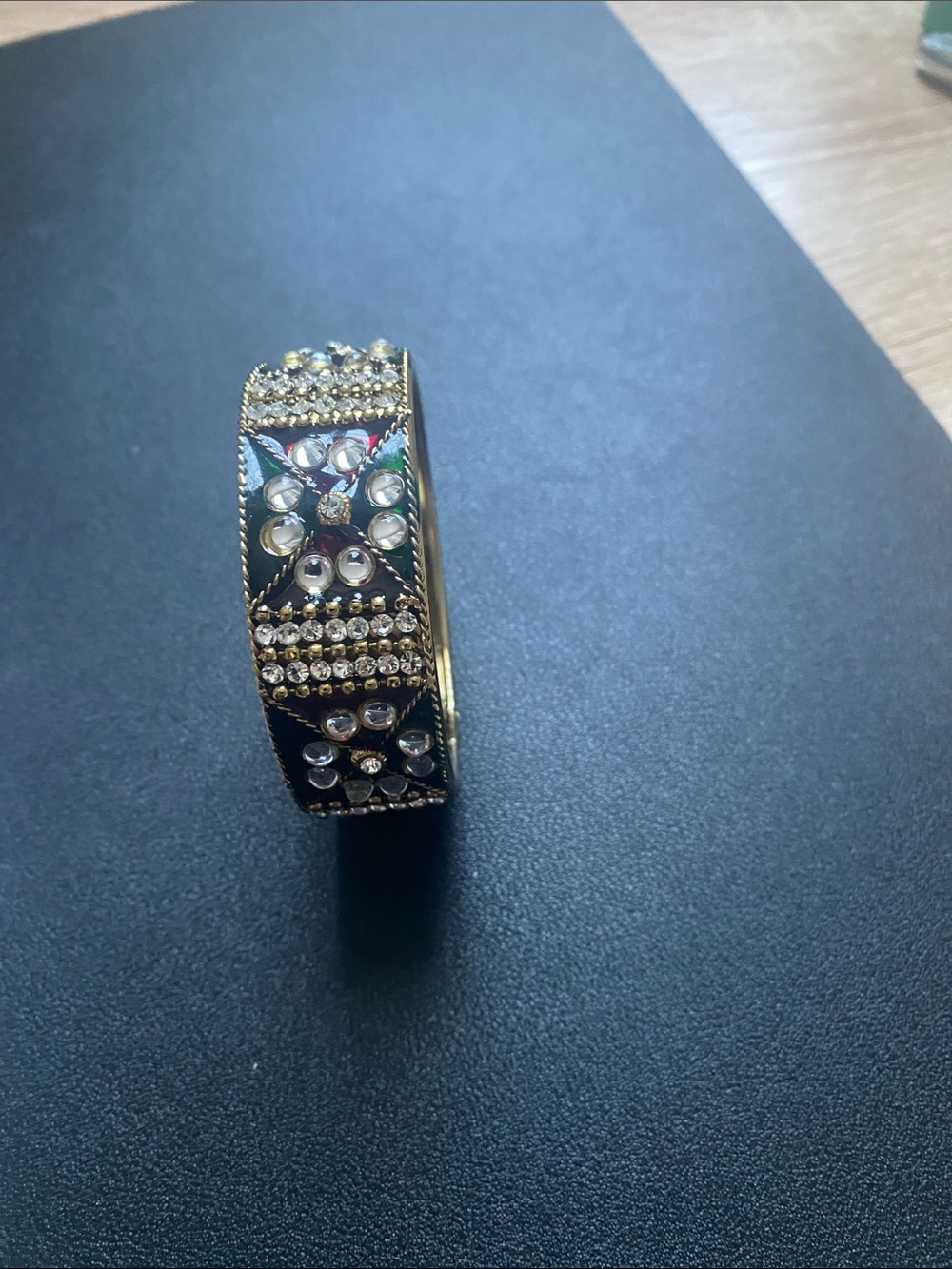Gold-Tone Black Enamel Crystal Floral Bangle Bracelet